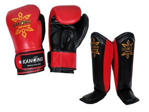 Kanong Genuine Leather Muay Thai Gloves and Shin Pads : Red/Black